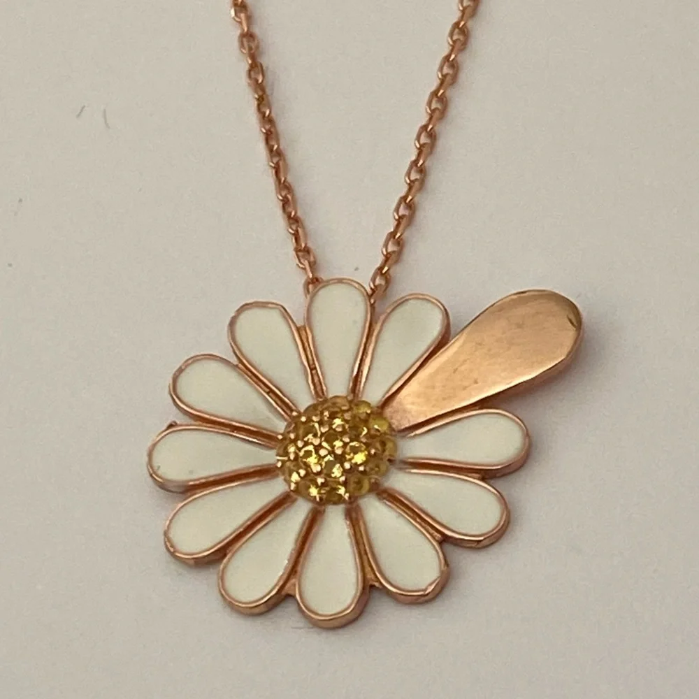 925 Silver daisy necklace cz initial handmade enamel 14k rose gold plated